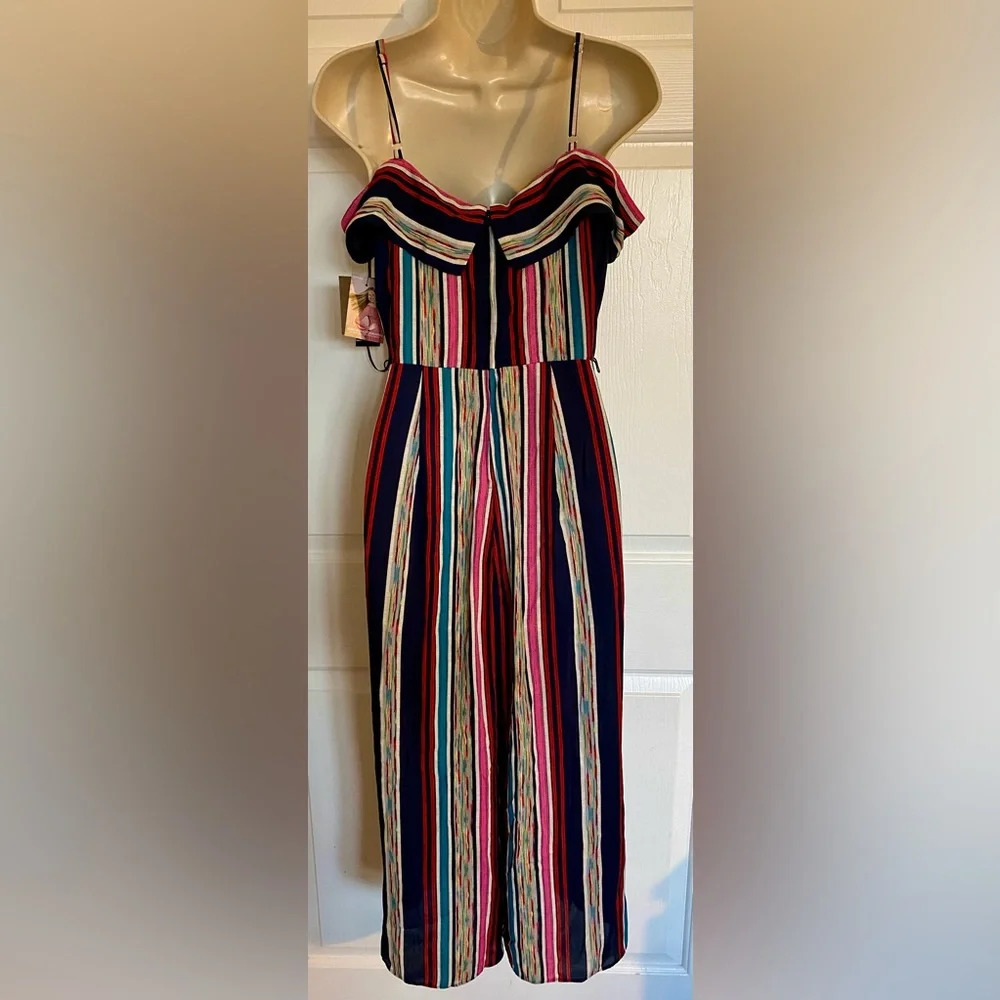 By & By Multicolored Stripped Wide Leg Off Shoulder Jumpsuit NWT Size 5 - Picture 3 of 5
